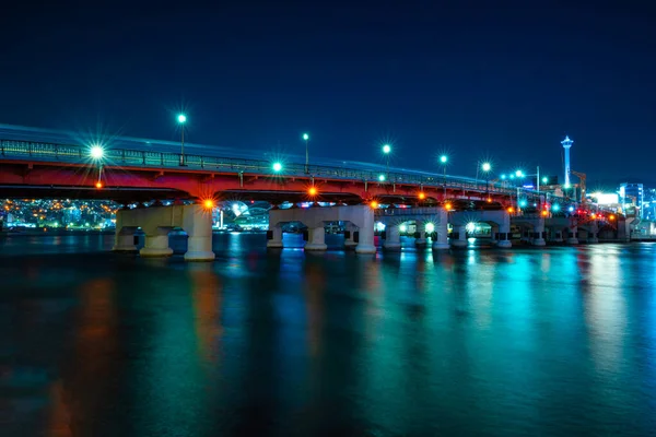 Мост Ёндодэгё Башней Бусан Ночью Чон Пусан Южная Корея — стоковое фото