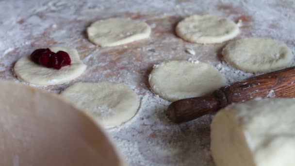 Cherry laying on the raw dough — Stock video