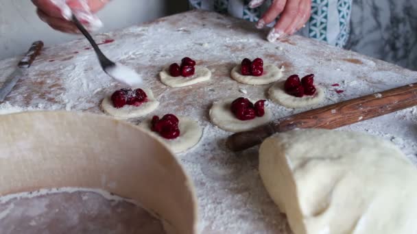 Cherry laying on the raw dough — Stock video