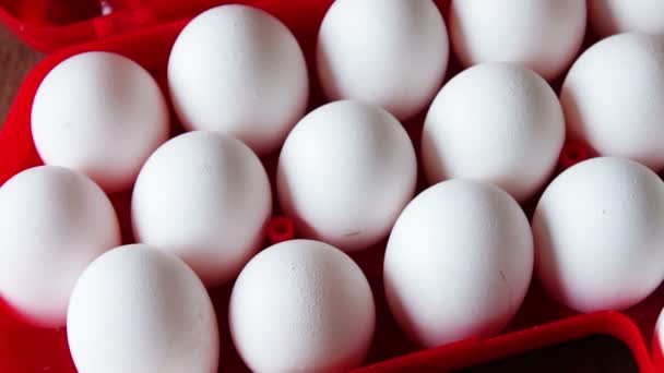 Ovos crus em uma bandeja ou caixa de plástico vermelho — Vídeo de Stock