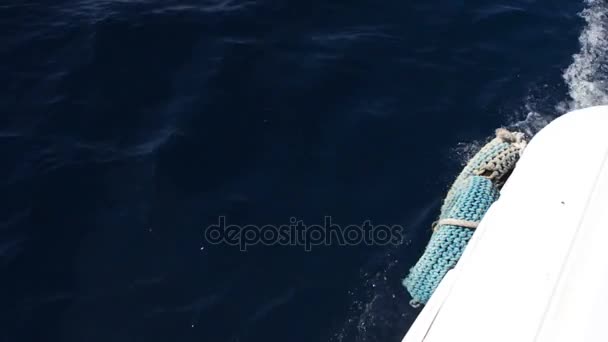Вид на синюю морскую воду с движущейся лодки — стоковое видео