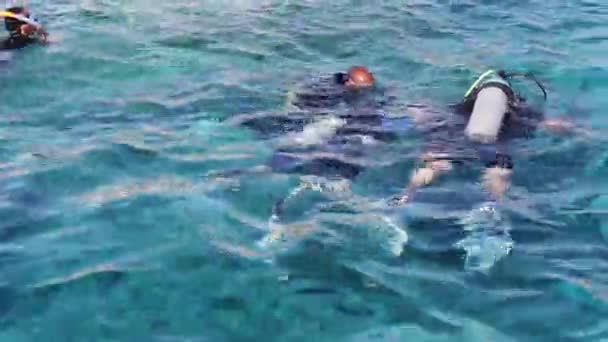 Sharm el-Sheikh, Egitto - 6 dicembre 2016: i subacquei in aqualung si preparano ad immergersi sul fondale marino . — Video Stock