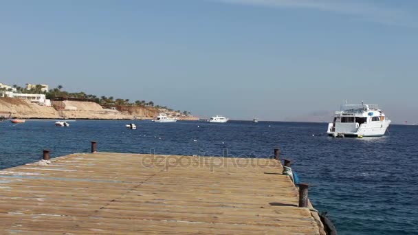 Seascape, fából készült móló, a háttérben a fehér hajó úszik — Stock videók