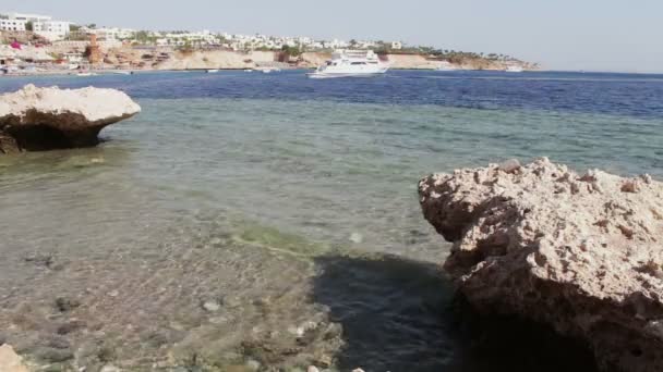 Acqua di mare pulita e bellissima costa con barche bianche galleggianti — Video Stock