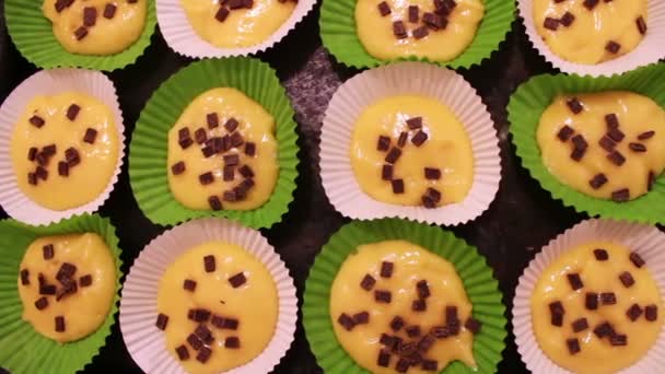 Pasta cruda per muffin in speciale teglia di carta cosparsa di pezzi di cioccolato vista da vicino — Video Stock