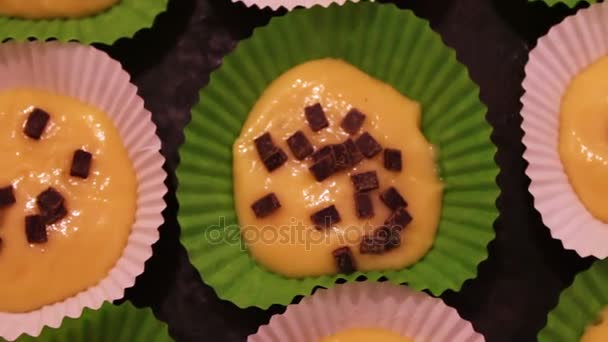 Raw dough for muffins in special paper baking dish sprinkled with chocolate pieces close up view — Stock Video