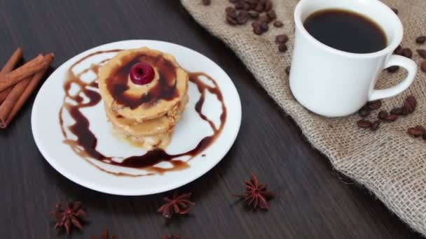 Chocolate Pancake on a white saucer — Stock Video
