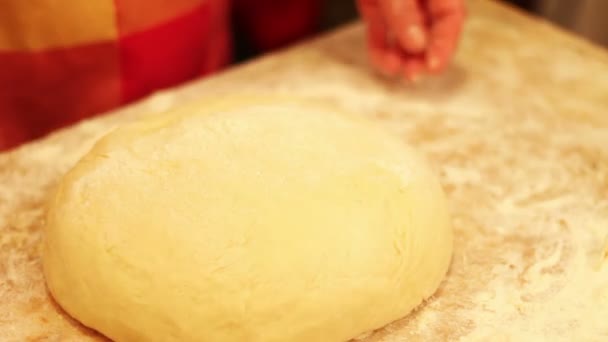 Female hands kneading dough in flour on table — Stock Video