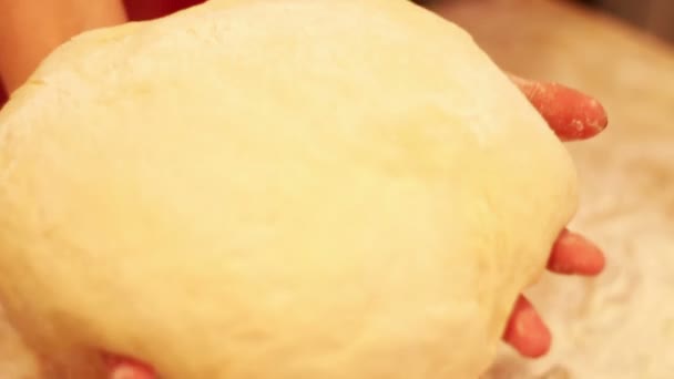 Female hands kneading dough in flour on table — Stock Video