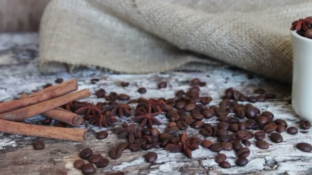 White cup full of coffee beans closeup — Stock Video