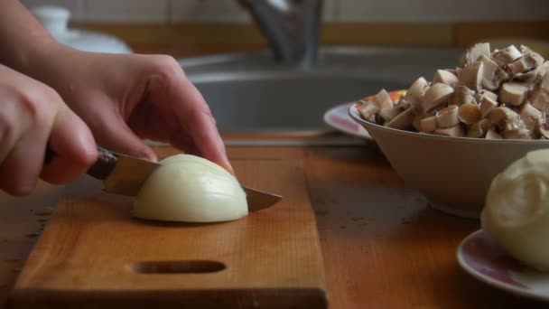 Chef cortando una cebolla con un cuchillo — Vídeos de Stock