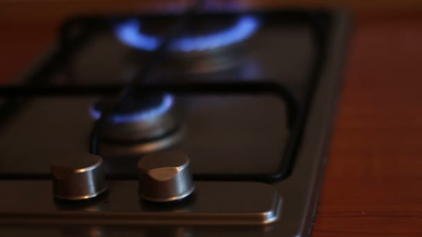 Llamas azules ardientes de una estufa de gas — Vídeos de Stock
