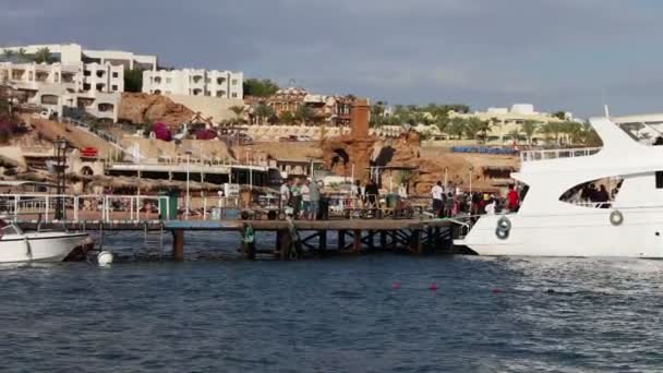 Sharm el-Sheikh, Sharks Bay, Egito - 30 de novembro de 2016: Iate branco ambulante deixa os passageiros — Vídeo de Stock