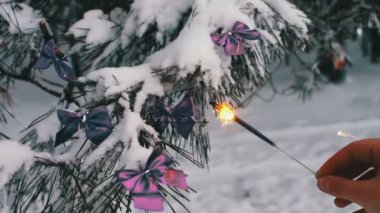 Snowy Orman ağacı leylak şeritler ve Bengal yangında bir el ile dekore edilmiş
