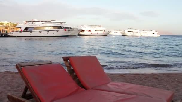 Sharm el-Sheikh, Sharks Bay, Egyiptom - November 30-án, 2016: strand székek, a tengerparton, a háttérben a Vitorlás jachtok — Stock videók