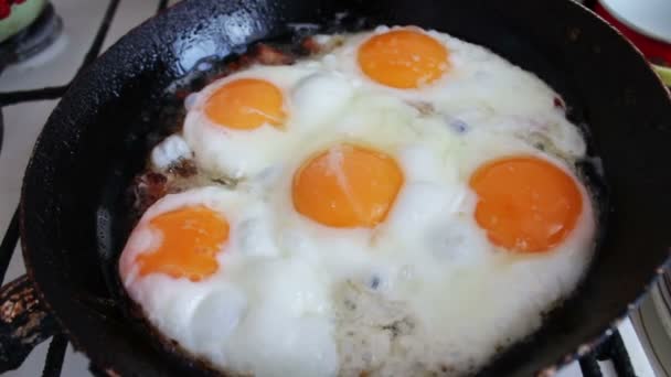 Ouăle prăjite de dimineață sunt prăjite într-o tigaie pe bucătăria de acasă — Videoclip de stoc