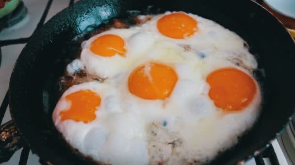 Morning fried eggs is roasted in a pan on the home kitchen — Stock Video