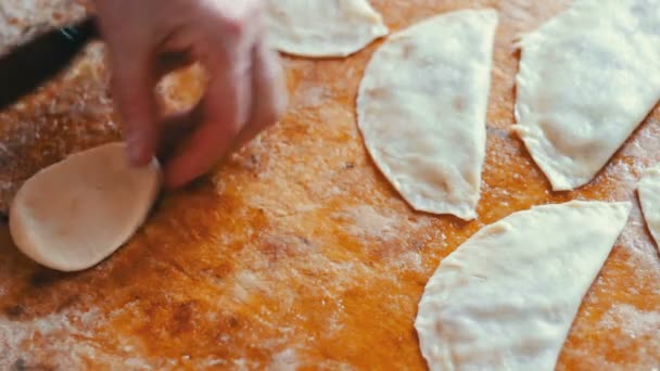 Woman prepares meat pies, working with the dough and filling, close-up — Stock Video
