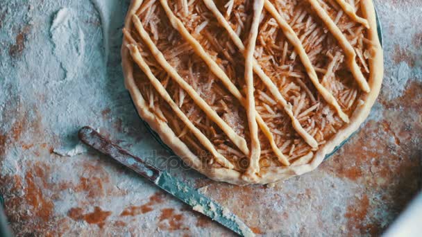 Pommes tranchées sur pâte à gâteau dans un moule à pâtisserie — Video