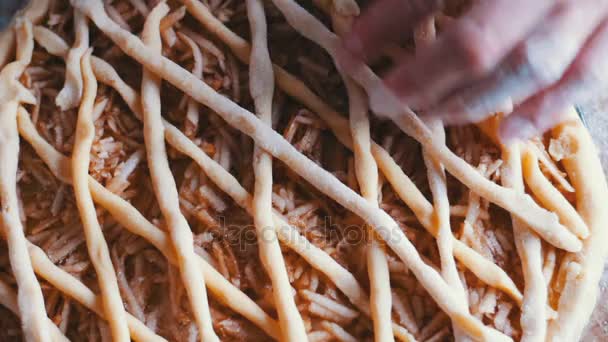 Maçãs fatiadas em massa de bolo na assadeira — Vídeo de Stock