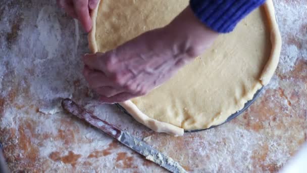 Een vrouw bereidt een appeltaart in een huis keuken — Stockvideo