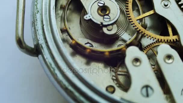 Mecanismo de reloj antiguo vintage de trabajo, primer plano con enfoque suave — Vídeos de Stock
