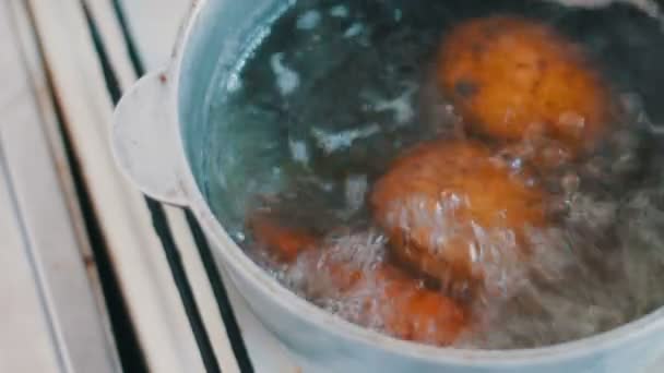 야채 당근, 감자 요리와 뜨거운 끓는 팬 — 비디오