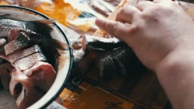 Adam temizler ve taze balık ev mutfak keser.