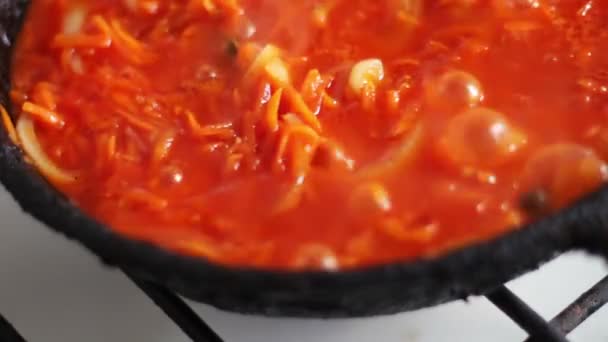 As cenouras fatiadas fritam-se em uma panela de ato de fritar com cebolas de pasta de tomate, as verduras guisam-se — Vídeo de Stock