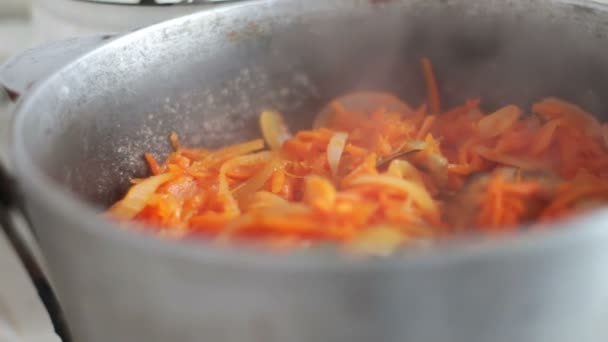 Cenouras cozidas, cebolas, pasta de tomate é cozido no vapor em uma panela. Cozinha vegetariana — Vídeo de Stock