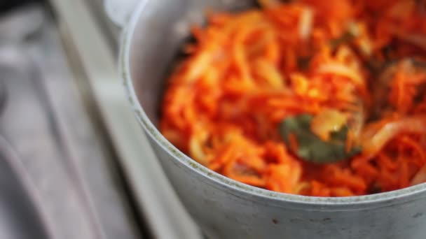 Las zanahorias cocidas, cebollas, pasta de tomate se cuecen al vapor en una cacerola. Cocina vegetariana — Vídeo de stock