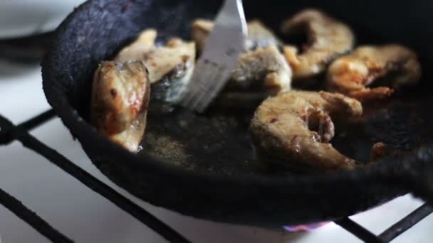 Pescado frito en una sartén torneado con un tenedor — Vídeo de stock