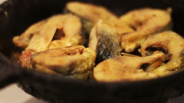 Stukken van zoetwater vis frituren in een gietijzeren koekepan — Stockvideo