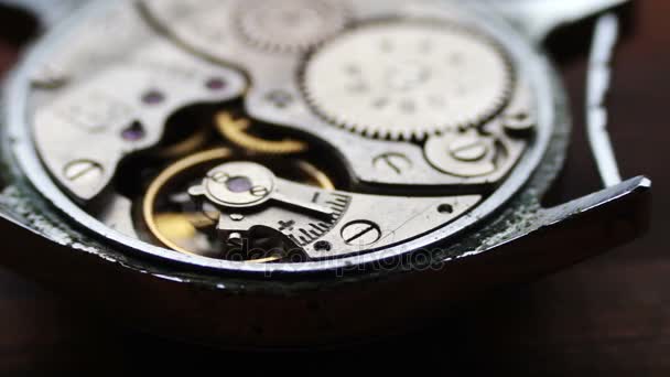 .Inside of watch mechanism On a stylish wooden background — Stock Video