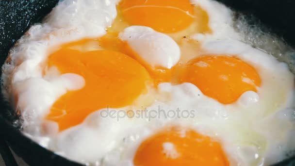 在平底锅里的煎鸡蛋关闭 — 图库视频影像