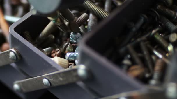 Magnete attrae bulloni di ferro di vari elementi di fissaggio hardware, dadi, bulloni, viti, in scatola — Video Stock
