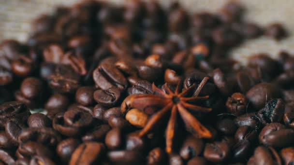 Closeup of coffee beans Anise and cinnamon sticks — Stock Video