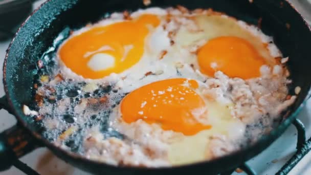 Huevos revueltos con cebolla frita, carne picada y especias en una sartén — Vídeos de Stock