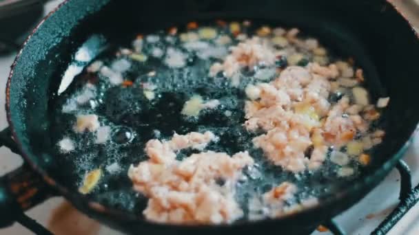 Нарезанный лук, обжаренный с Forcemeat в масле в сковороде — стоковое видео
