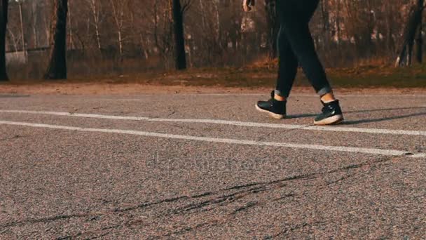 Una compañía de jóvenes con cigarrillos en sus manos están caminando con un perro luchador.Caminar pies en el pavimento . — Vídeos de Stock