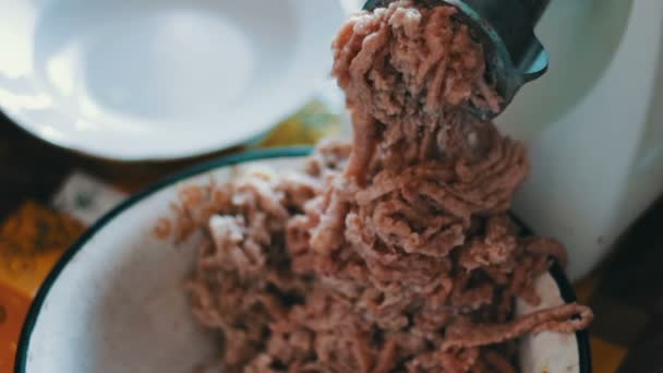 Elektrische vleesmolen maalt vlees voor gehakt vlees — Stockvideo