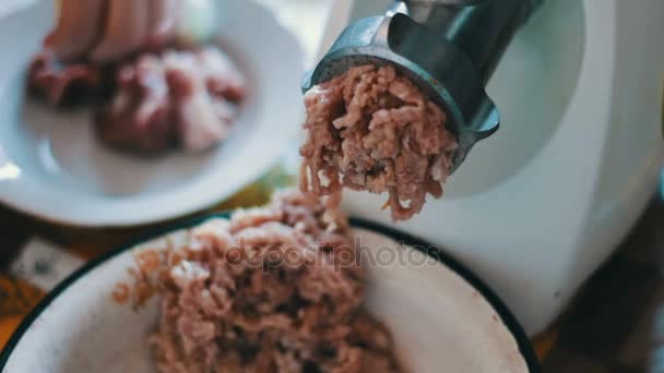 Electric meat grinder grinds meat for minced meat close up view — Stock Video