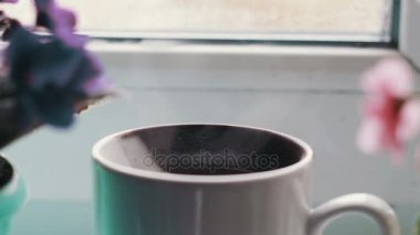Çiçeklenme çiçekler tarafından çevrili bir pencere üzerinde duruyor görünümü kapatmak buhar ile sıcak bir içecek ile Kupası