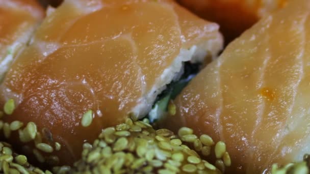 Sushi e panini freschi giapponesi, sashimi macro, uramaki e nighiri. piatto tipico giapponese — Video Stock