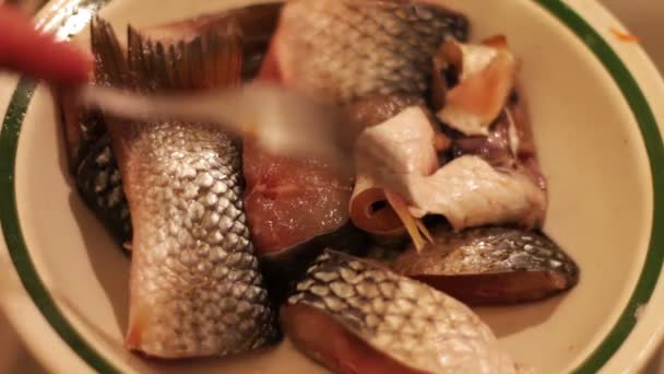 Кусочки свежей рыбы на тарелке — стоковое видео