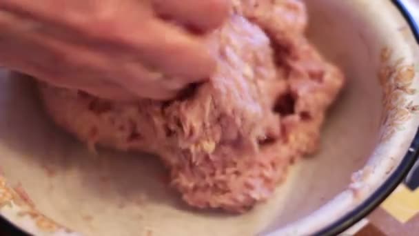 Woman making a hamburger cutlet with fresh mince in a home kitchen — Stock Video