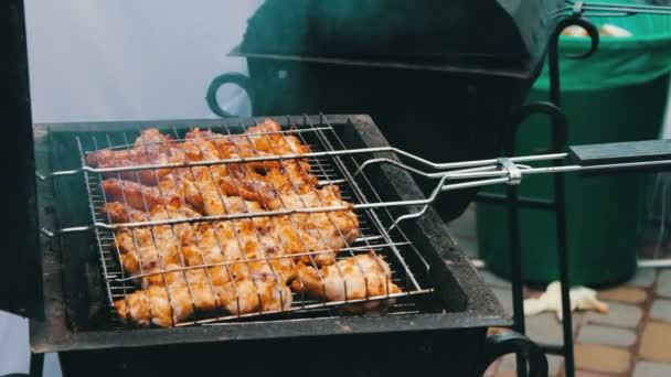 Chicken meat that turn over on a barbecue grill.Meat is fried in Mangal Barbecue grill. Chicken meat on the grill during a picnic — Stock Video