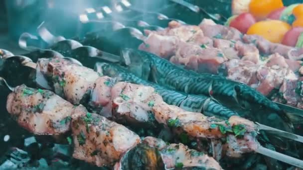 바베 큐 생선, 육류와 야채 그릴에 구운. 맛 있는 거리, taseful에 길거리 음식, 패스트 푸드, 스낵 — 비디오
