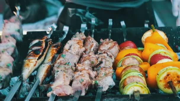 Barbecue Fisch, Fleisch und Gemüse braten auf dem Grill. Street Food, Fast Food, Snack auf der Straße, taseful, lecker — Stockvideo