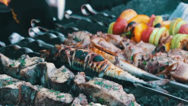 Barbecue de poisson, viande et légumes rôtis sur le gril. Street Food, Fast Food, Snack dans la rue, savoureux, délicieux — Video